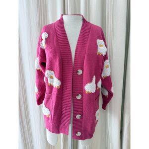 Pink Sheep Cardigan Sweater Chenille Lambs Oversized Cottagecore